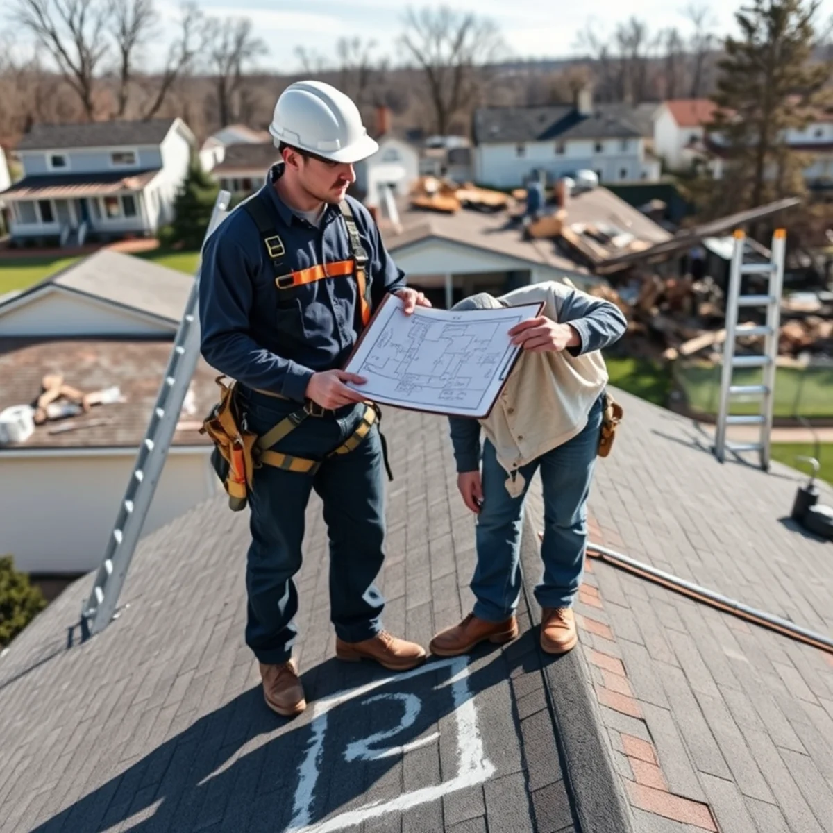 Roofing contractor documenting storm damage with an insurance adjuster in Harrisburg, PA