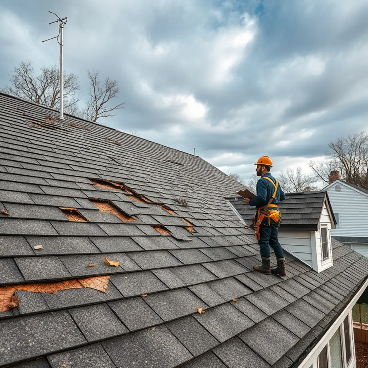 Storm-damaged roof with missing shingles being inspected in Harrisburg, PA after a thunderstorm